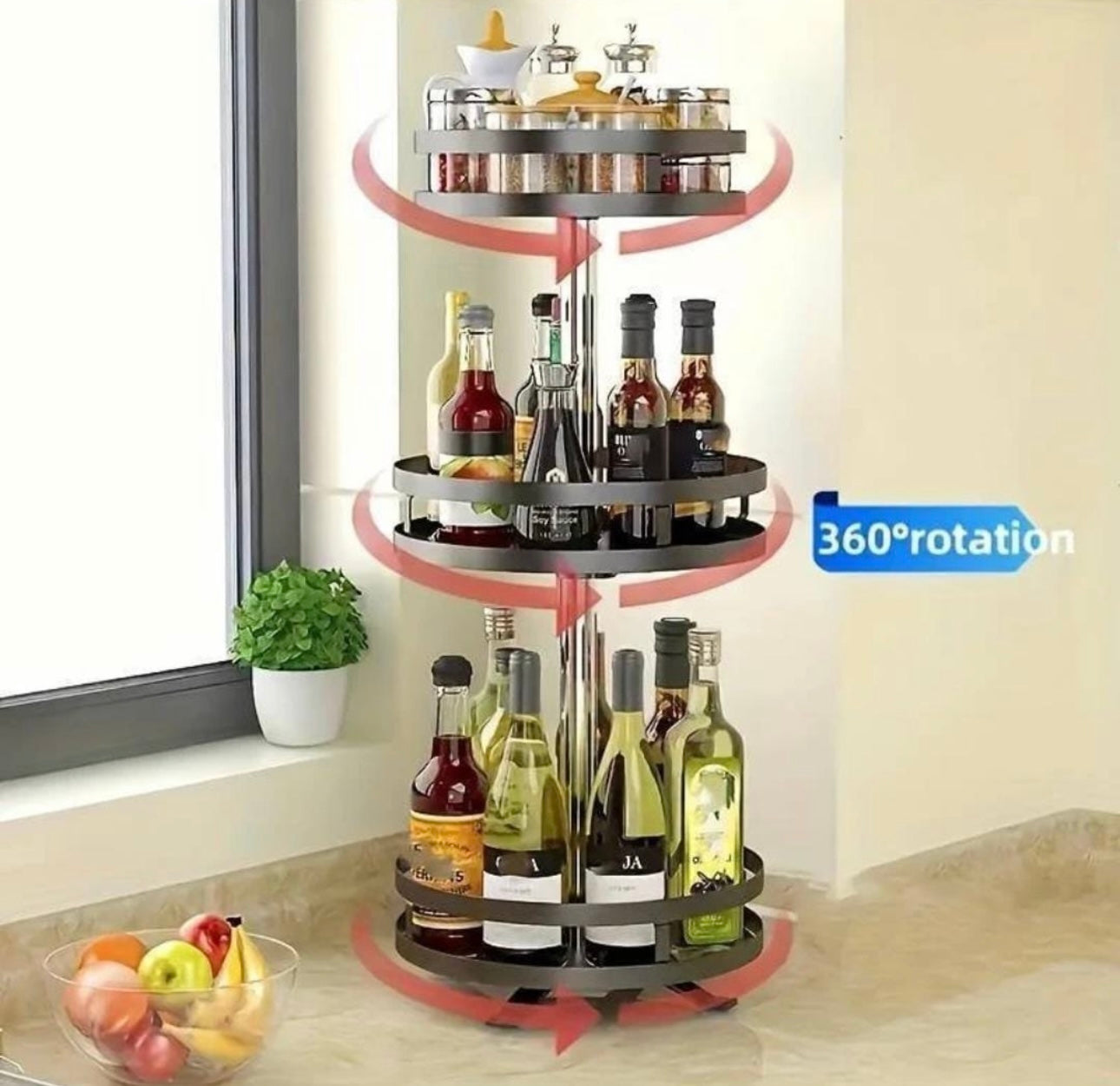 360° Rotating Spice Rack – Multi-Layer Metal Organizer for Kitchen (Black)