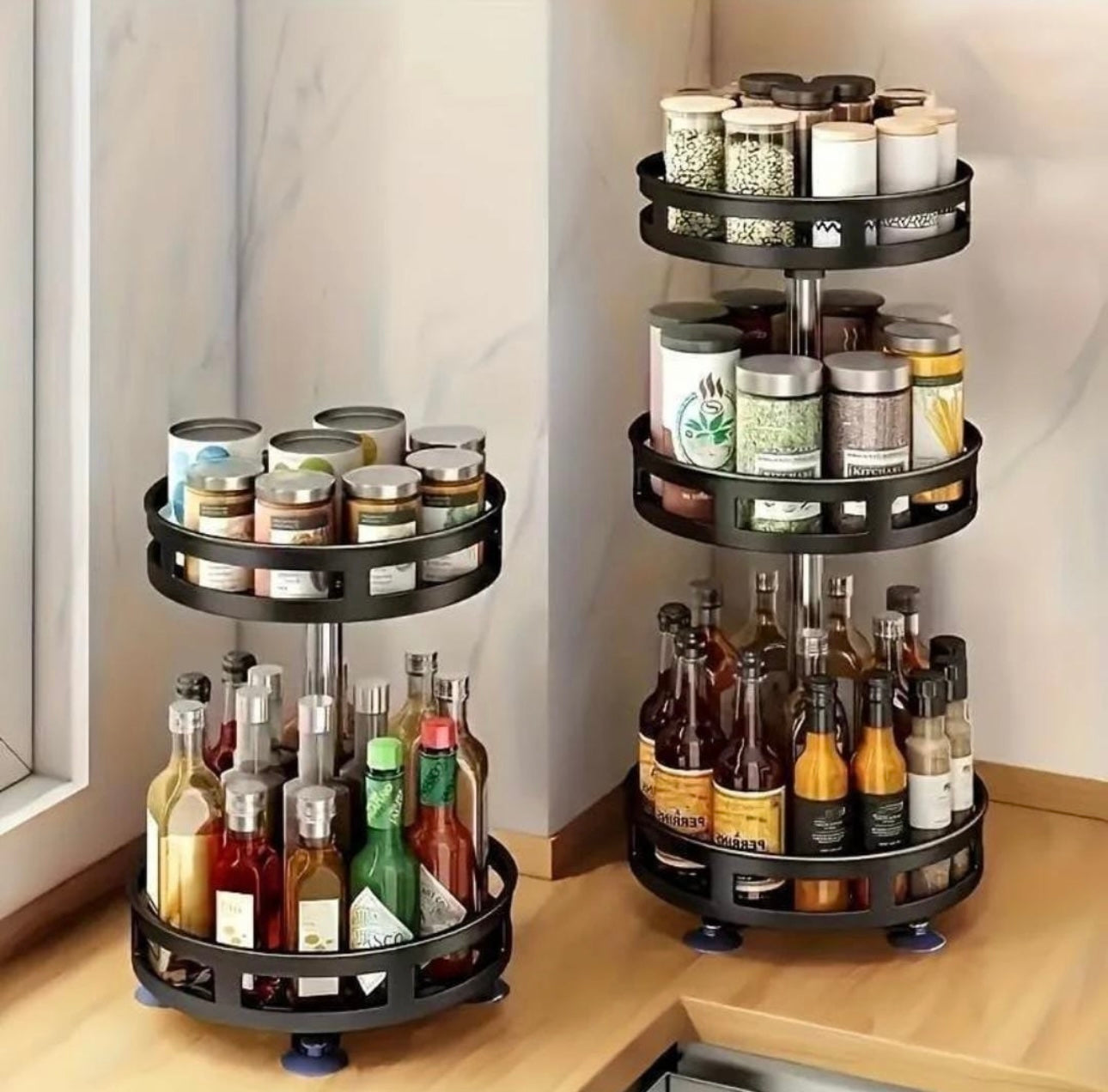360° Rotating Spice Rack – Multi-Layer Metal Organizer for Kitchen (Black)