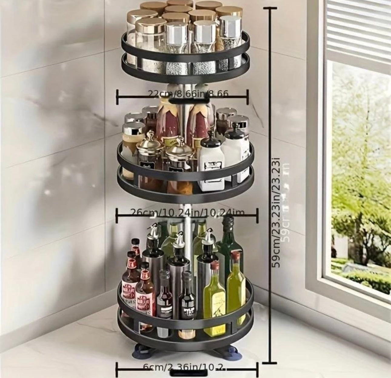 360° Rotating Spice Rack – Multi-Layer Metal Organizer for Kitchen (Black)