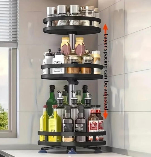 360° Rotating Spice Rack – Multi-Layer Metal Organizer for Kitchen (Black)