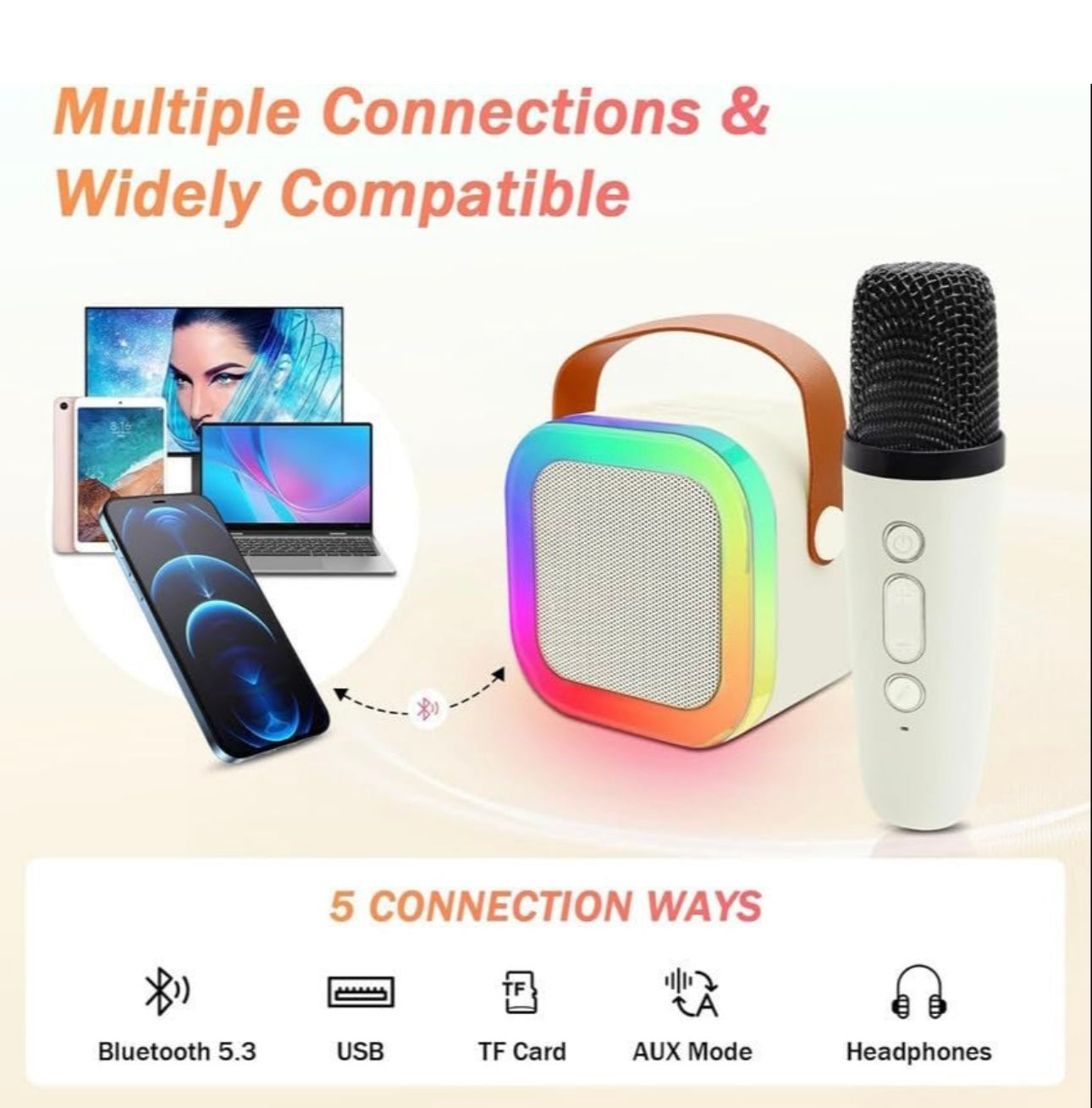 Rainbow LED Wireless Karaoke Speaker with Mic | 5 Voice Effects | Bluetooth 5.3 | Portable RGB Soundbox