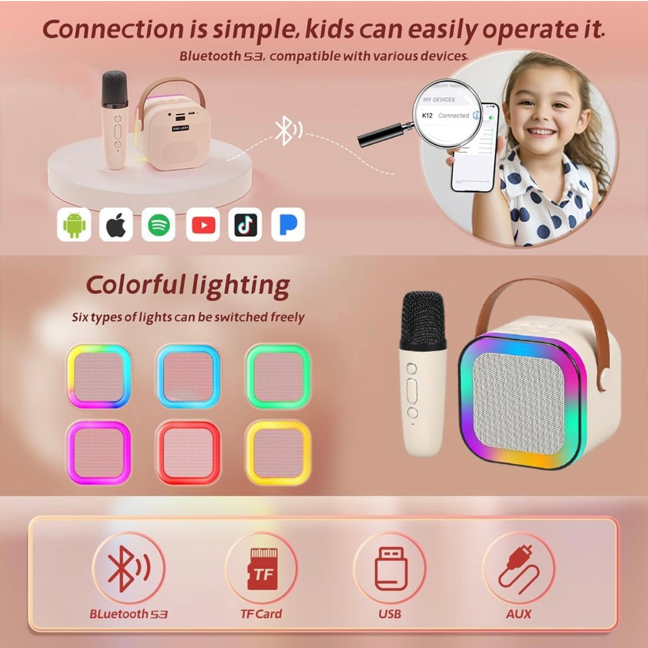 Rainbow LED Wireless Karaoke Speaker with Mic | 5 Voice Effects | Bluetooth 5.3 | Portable RGB Soundbox