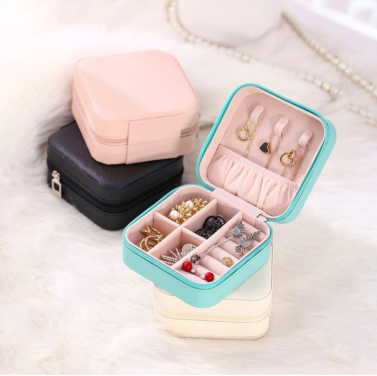 Mini Jewelry Box – Portable Travel Jewelry Organizer with Zipper, Faux Velvet Lining, Storage for Rings, Earrings, Necklaces & Bracelets