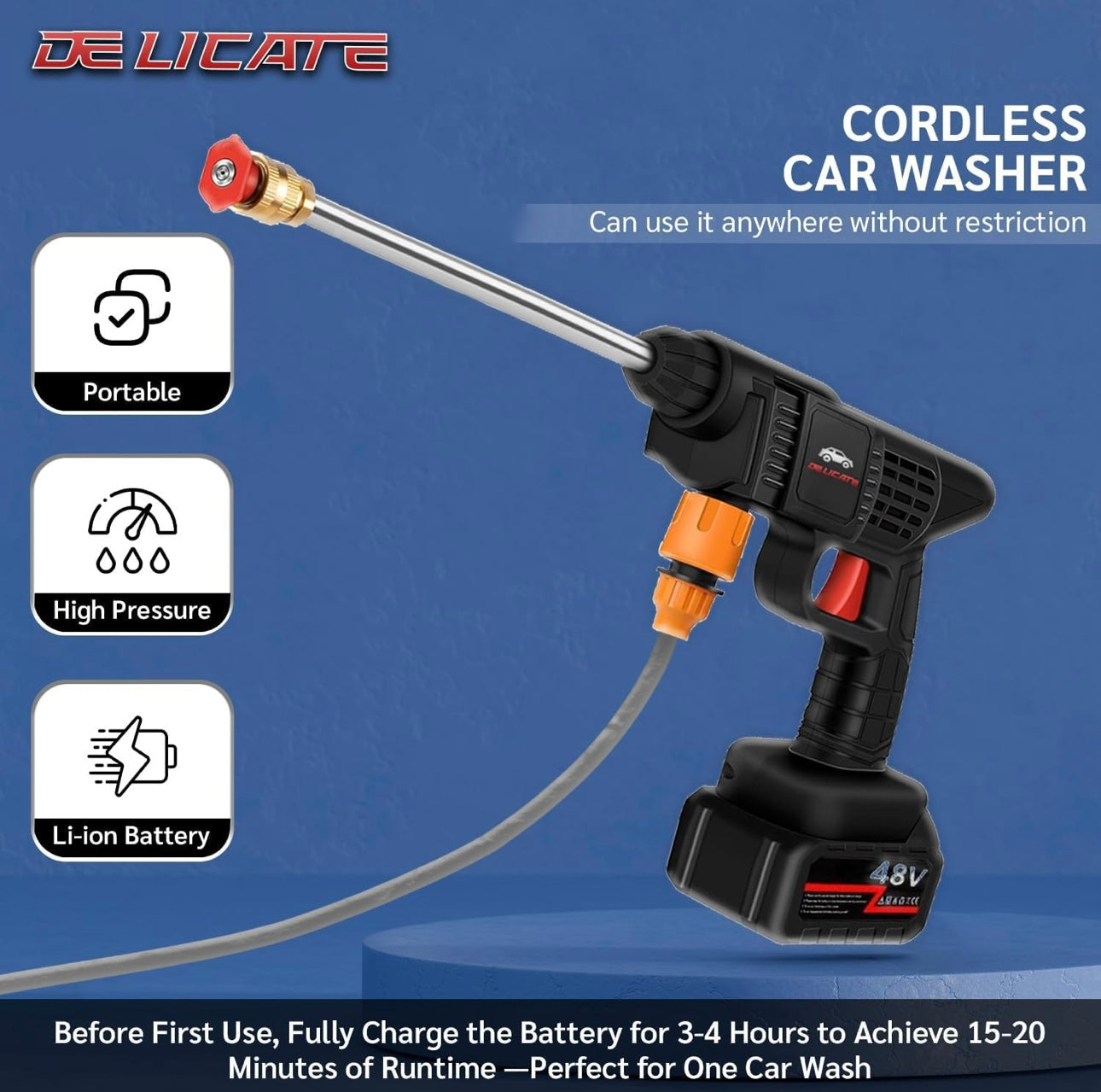 Cordless 48V Car Pressure Washer Gun with Double Battery – Portable Power Cleaner with Multi-Function Nozzle for Car Wash, Home & Garden