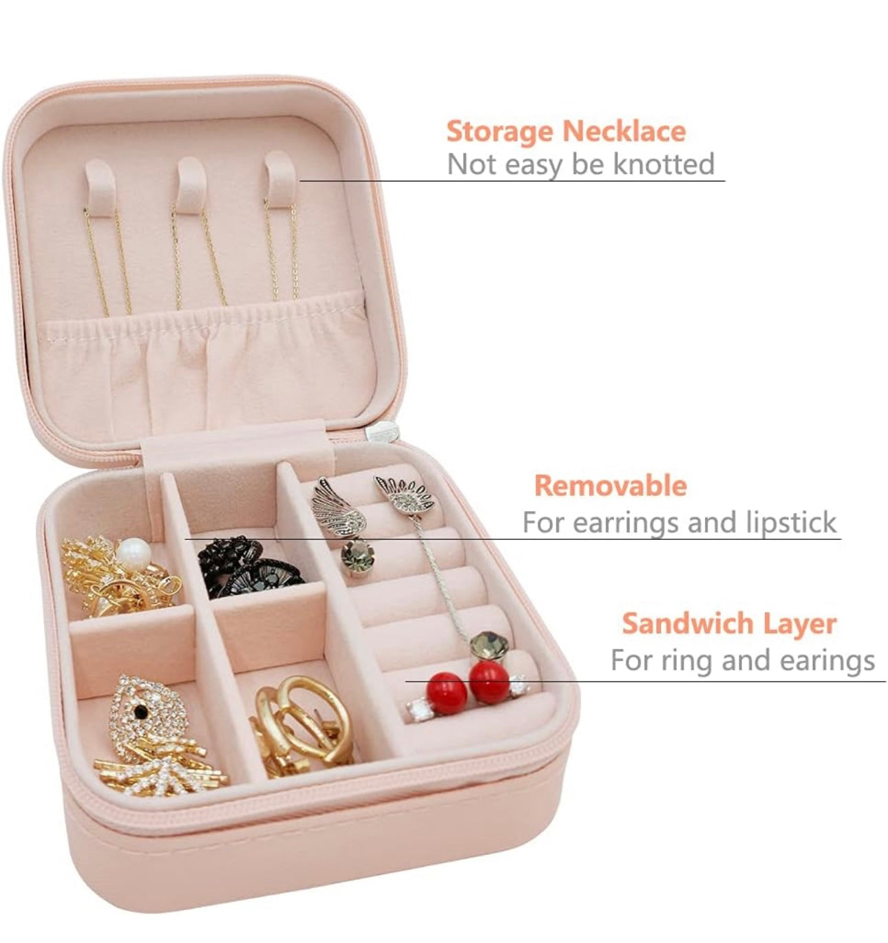 Mini Jewelry Box – Portable Travel Jewelry Organizer with Zipper, Faux Velvet Lining, Storage for Rings, Earrings, Necklaces & Bracelets