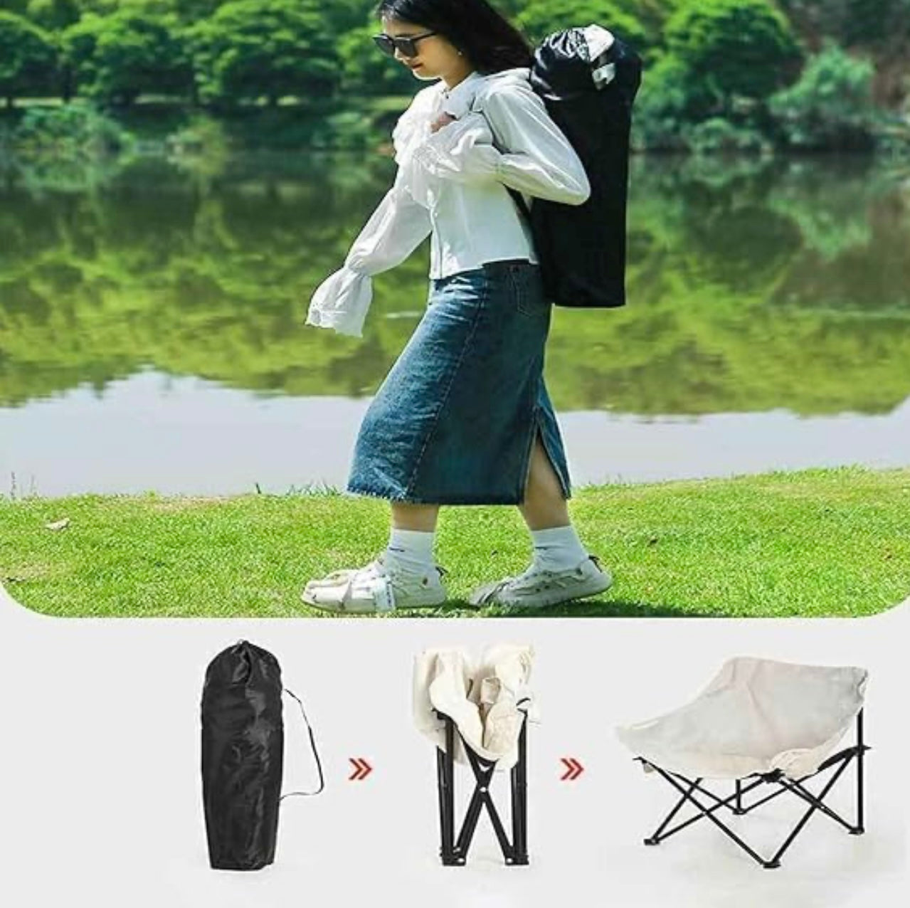 Compact Camping Chair – Portable Folding Moon Chair with Carry Bag, Lightweight & Durable for Outdoor Travel, Picnic, Hiking, Beach, Fishing (Supports 150kg)