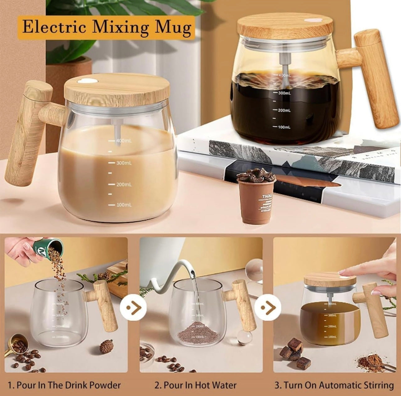 Logizu Self-Stirring Electric Mug – Premium Borosilicate Glass, USB Rechargeable, for Coffee, Milk & Protein Shakes (Transparent)