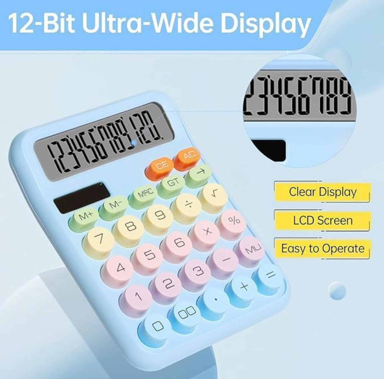 Colorful Candy Electronic Calculator ā 12 Digits LCD Display, Big Buttons, Cute Bubble Design